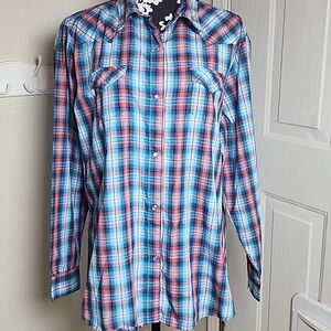 Wrangler Shirt Womens XXL Blue Pink Plaid Pearl Snap Western Rodeo Cowboy Ranch